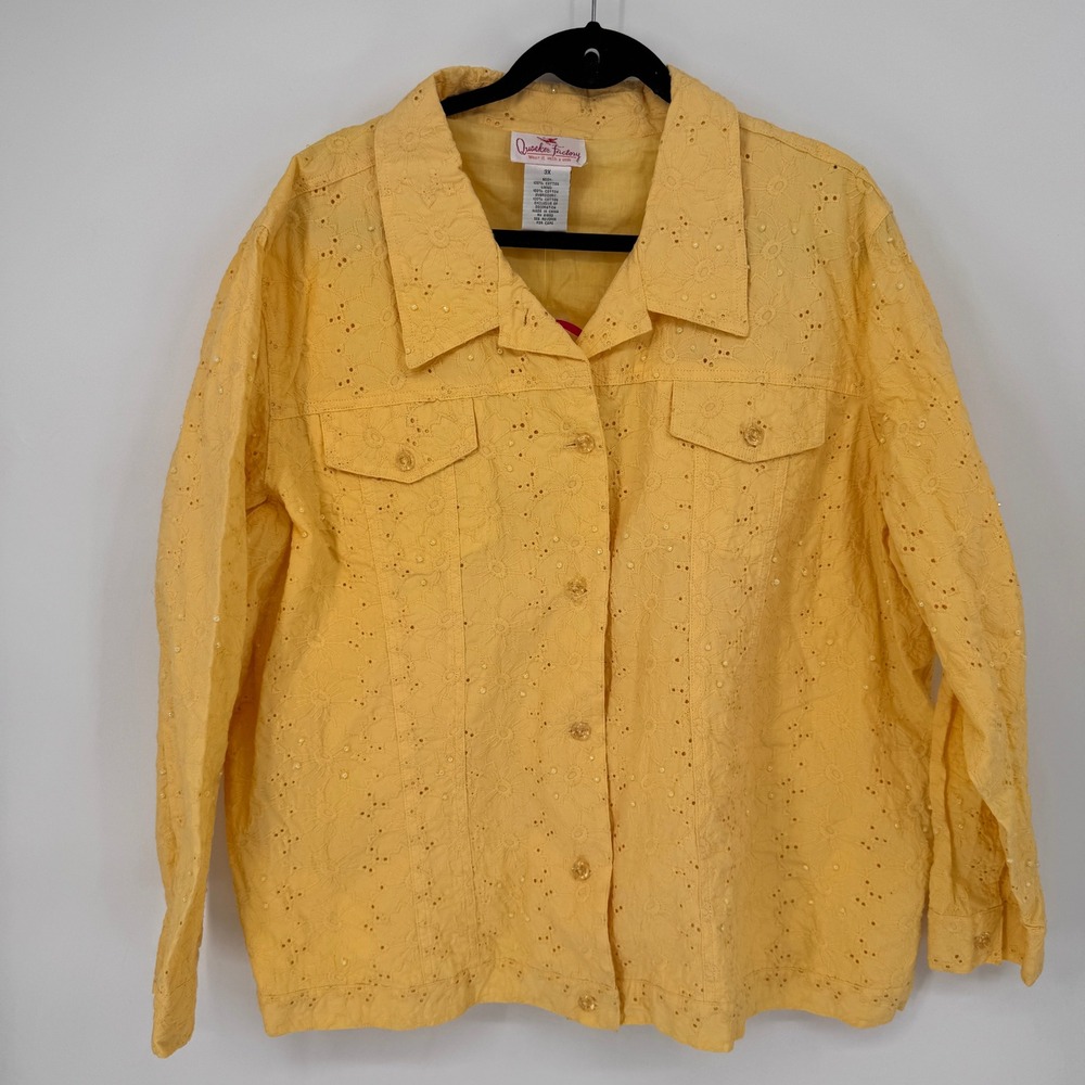Quacker Factory Eyelet Jacket Womens 3X Yellow New Floral Beaded Cotton Button